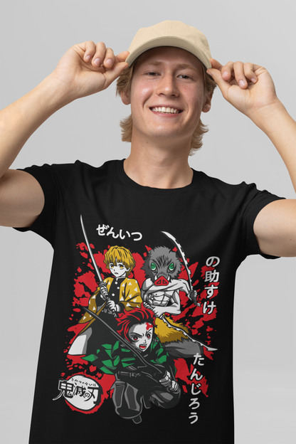 Demon Slayer Unisex Regular fit Tshirt, Anime Graphic T-shirt, Black, Cotton, Anime Print (D035)