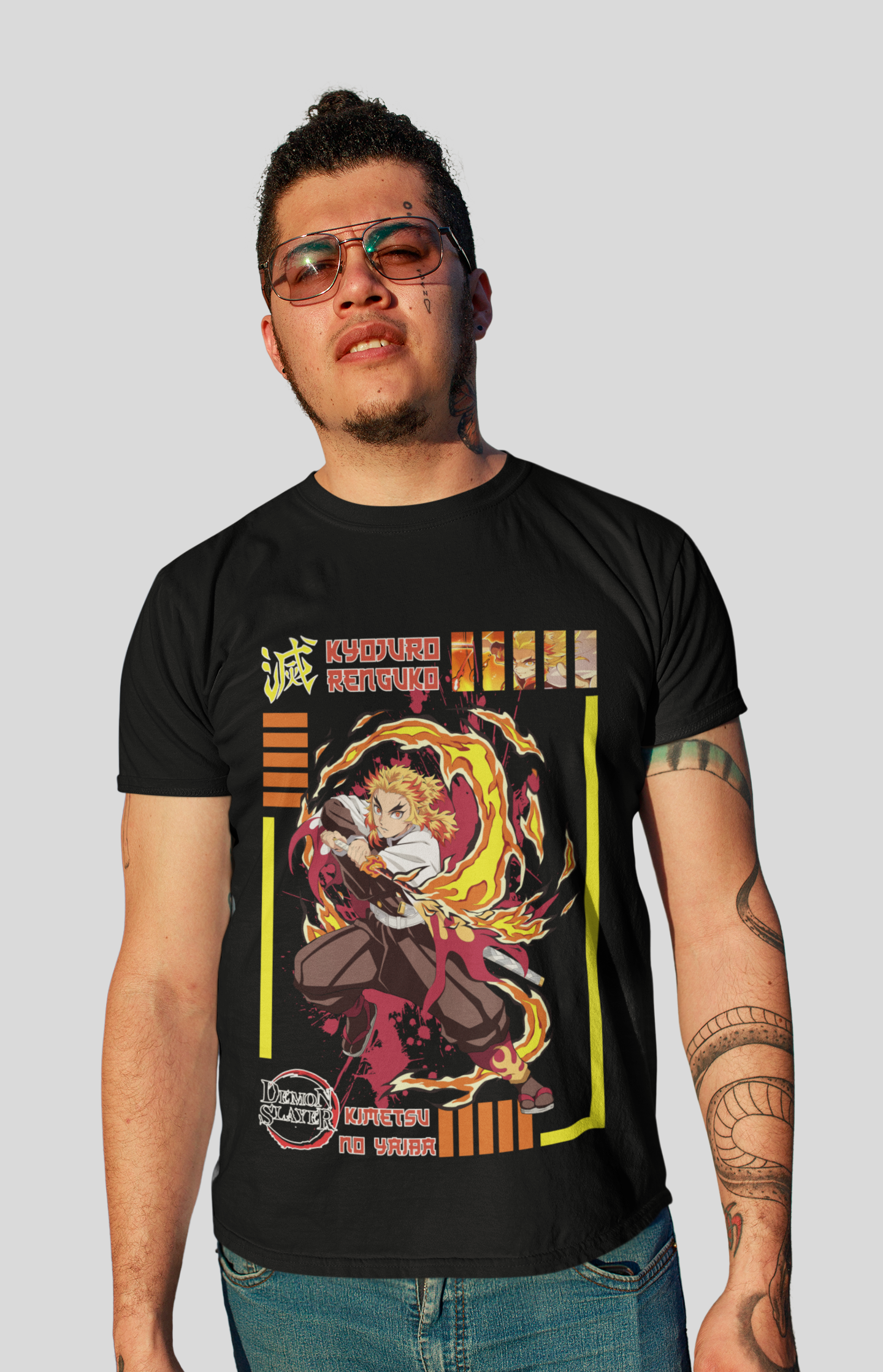 Kyōjurō Rengoku D-3 Demon Slayer Unisex Regular fit Tshirt, Anime Graphic T-shirt, Black, Cotton, Anime Print