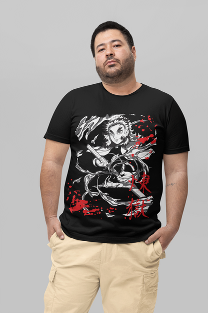 Kyōjurō Rengoku D-2 Demon Slayer Unisex Regular fit Tshirt, Anime Graphic T-shirt, Black, Cotton, Anime Print