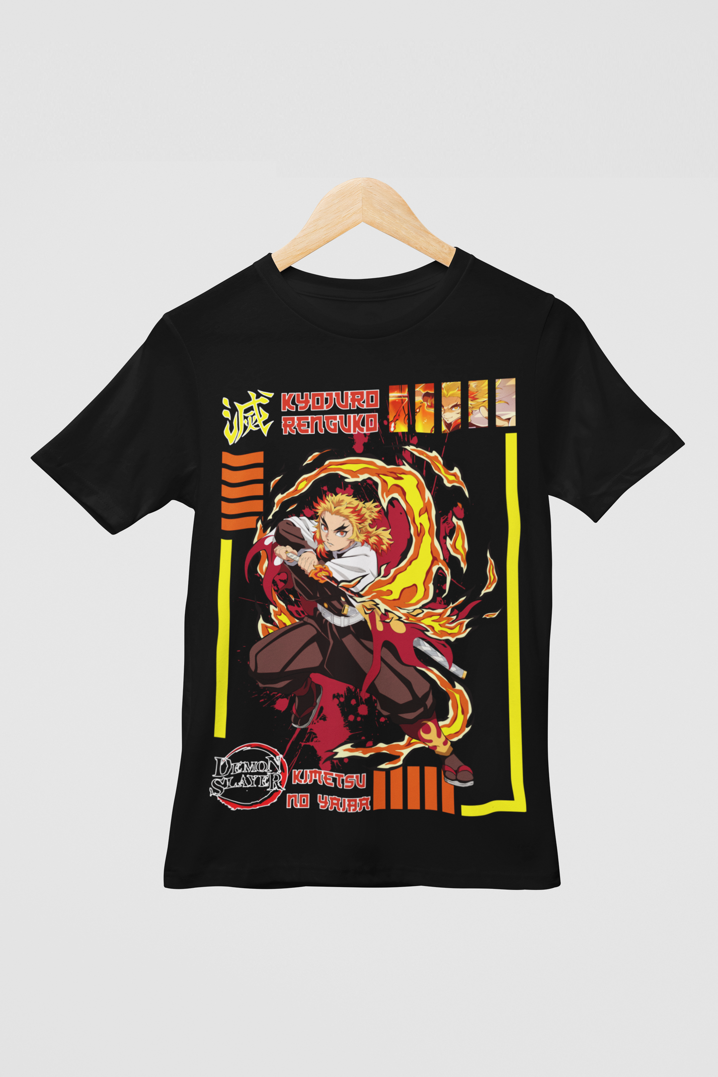Kyōjurō Rengoku D-3 Demon Slayer Unisex Regular fit Tshirt, Anime Graphic T-shirt, Black, Cotton, Anime Print