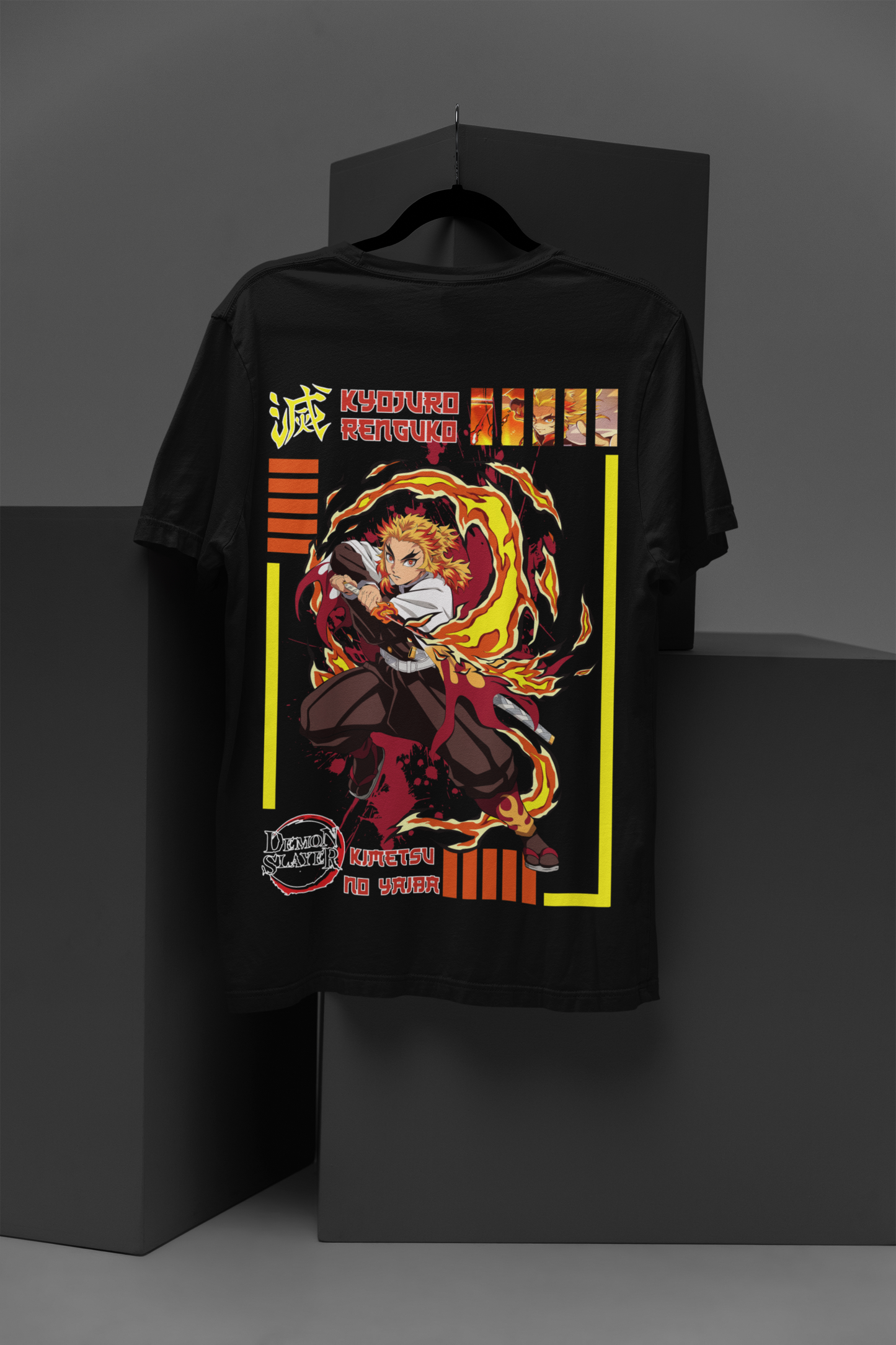 Kyōjurō Rengoku D-3 Demon Slayer Unisex Regular fit Tshirt, Anime Graphic T-shirt, Black, Cotton, Anime Print