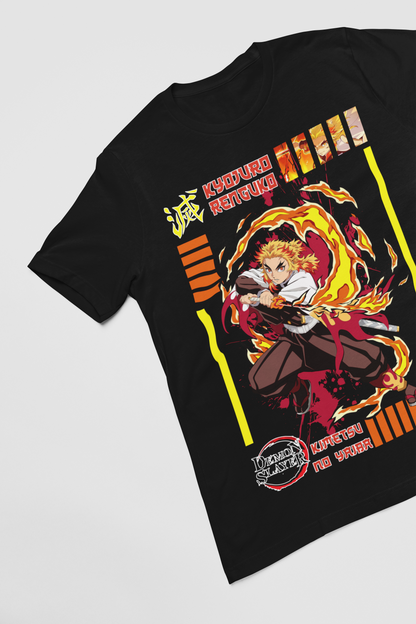 Kyōjurō Rengoku D-3 Demon Slayer Unisex Regular fit Tshirt, Anime Graphic T-shirt, Black, Cotton, Anime Print
