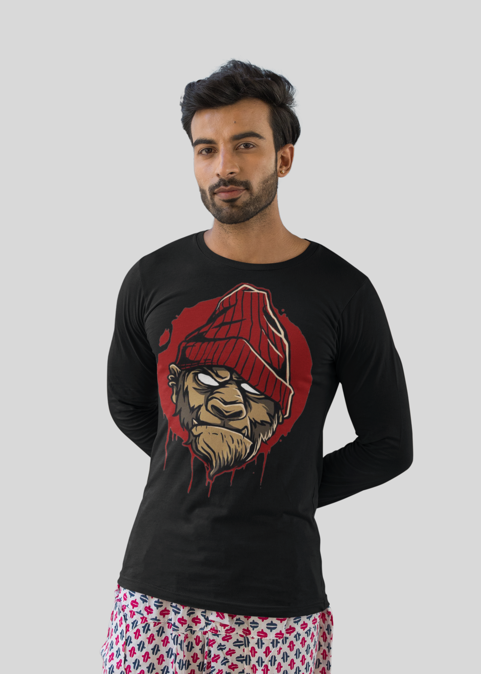 Stylish Black Graphic Full-Sleeve T-Shirt with Gorilla Art