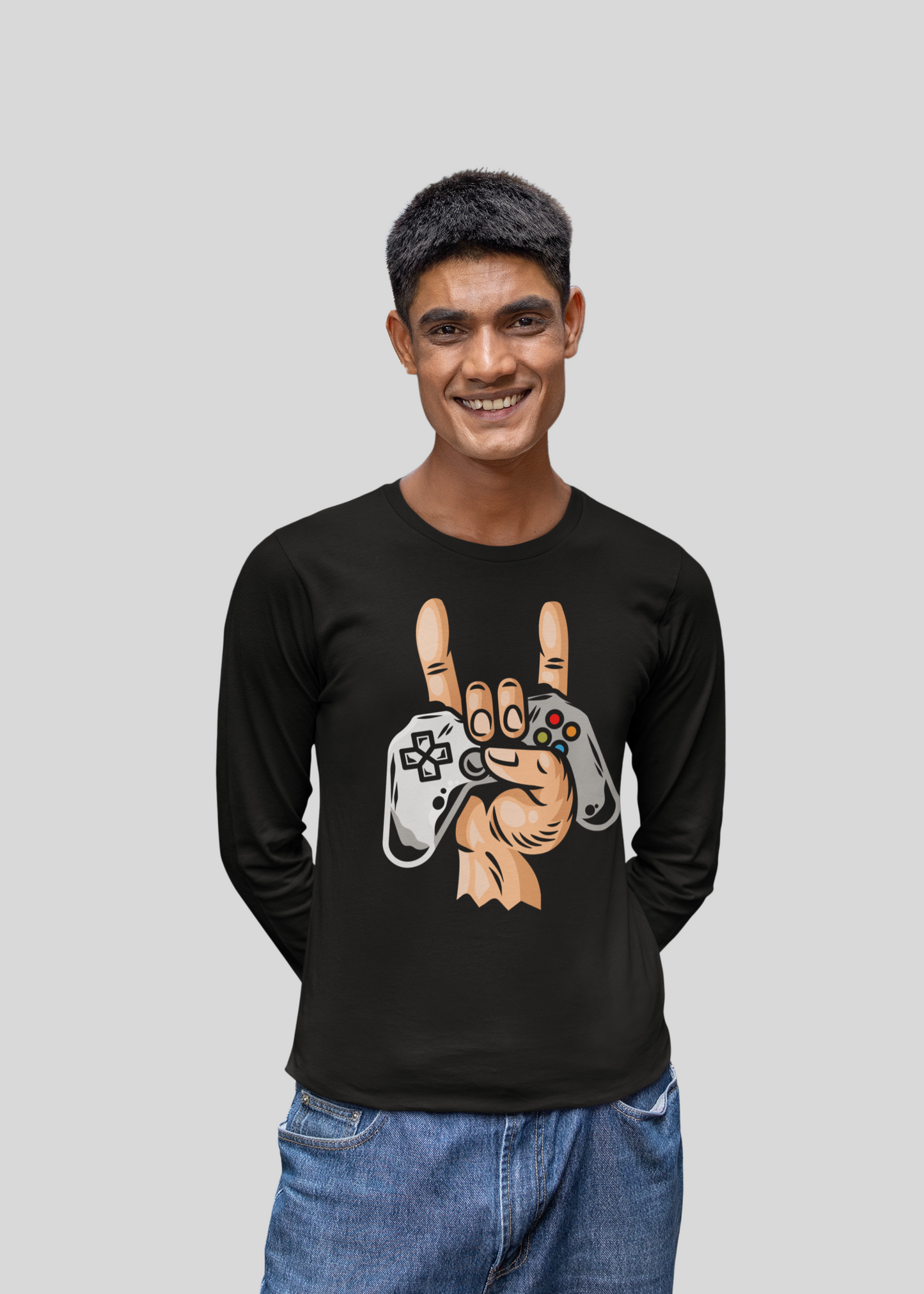 Black Gaming-Themed Full-Sleeve T-Shirt with Controller Art