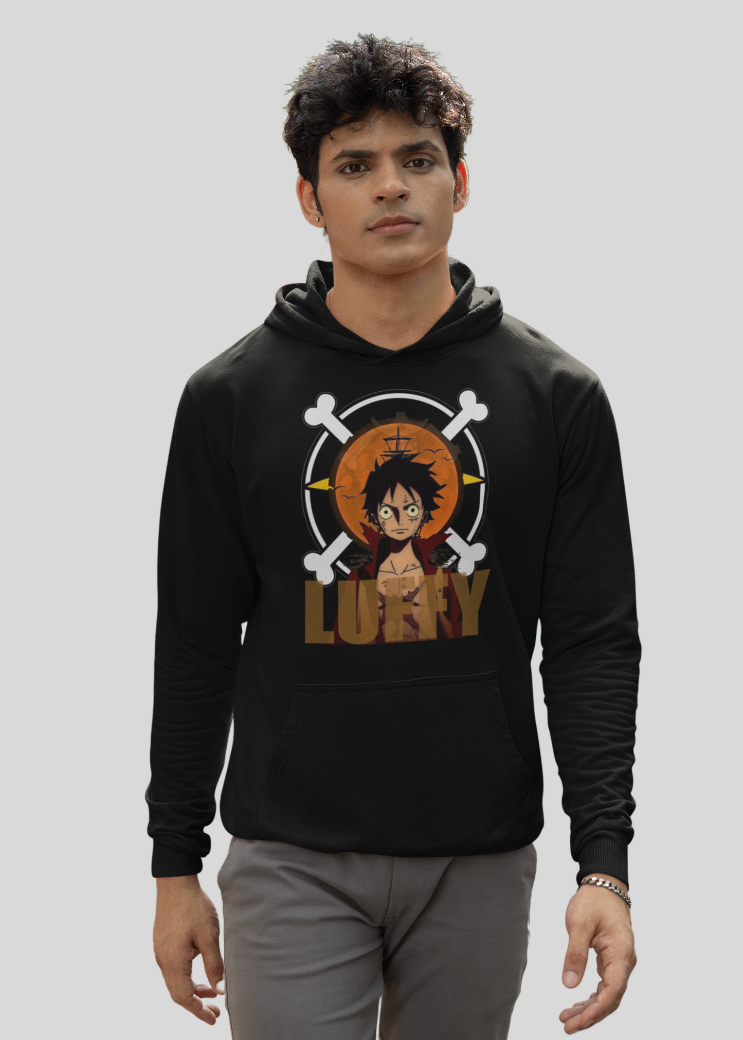 Black Hoodie with Bold "Luffy" Graphic Design