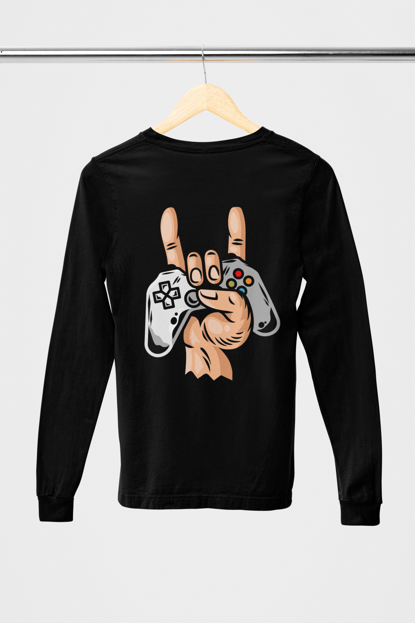 Black Gaming-Themed Full-Sleeve T-Shirt with Controller Art