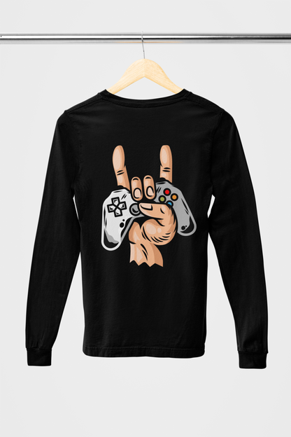 Black Gaming-Themed Full-Sleeve T-Shirt with Controller Art