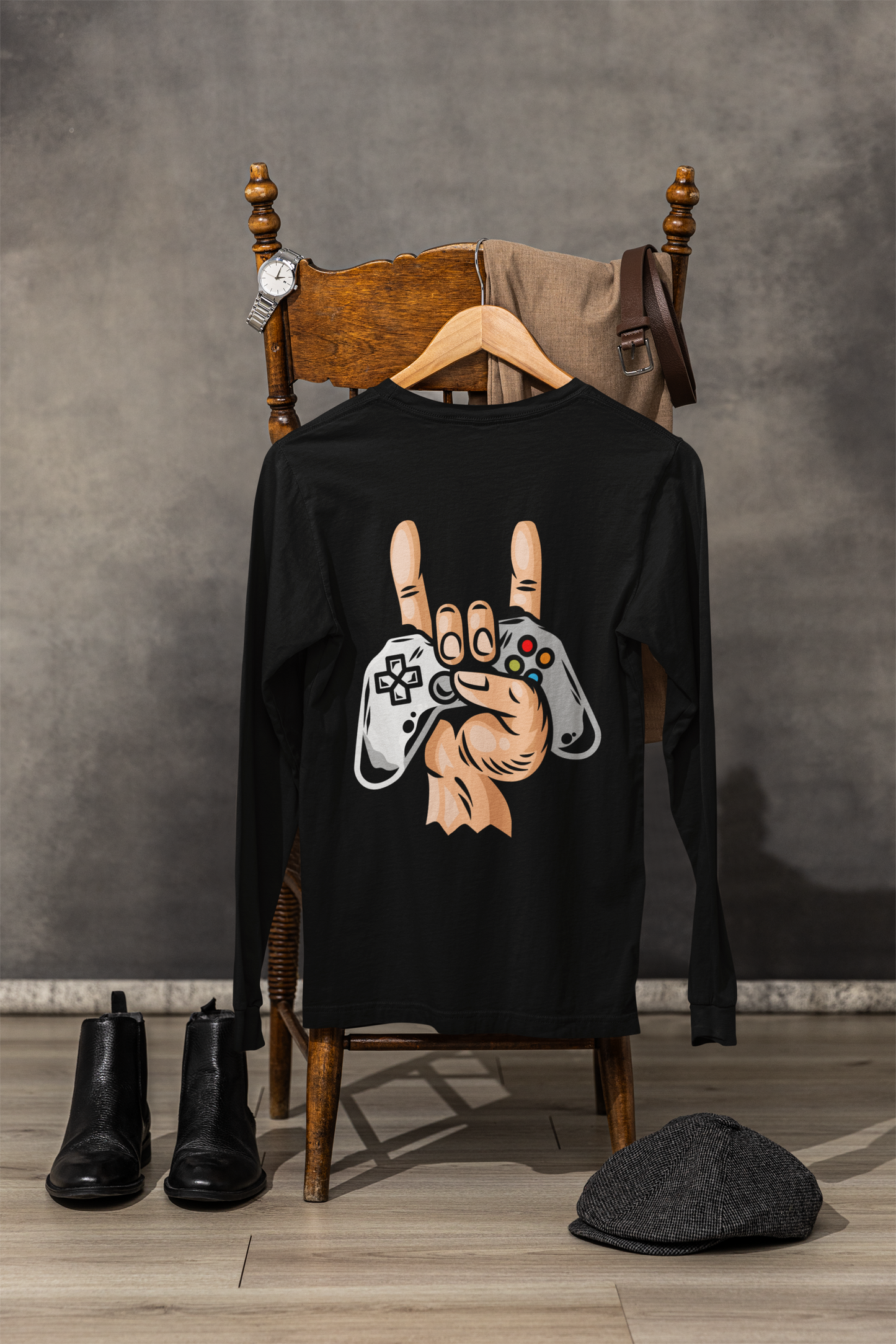 Black Gaming-Themed Full-Sleeve T-Shirt with Controller Art