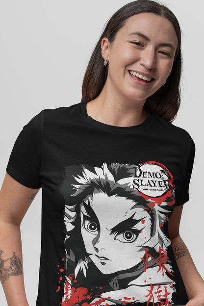 Kyōjurō Rengoku D-2 Demon Slayer Unisex Regular fit Tshirt, Anime Graphic T-shirt, Black, Cotton, Anime Print
