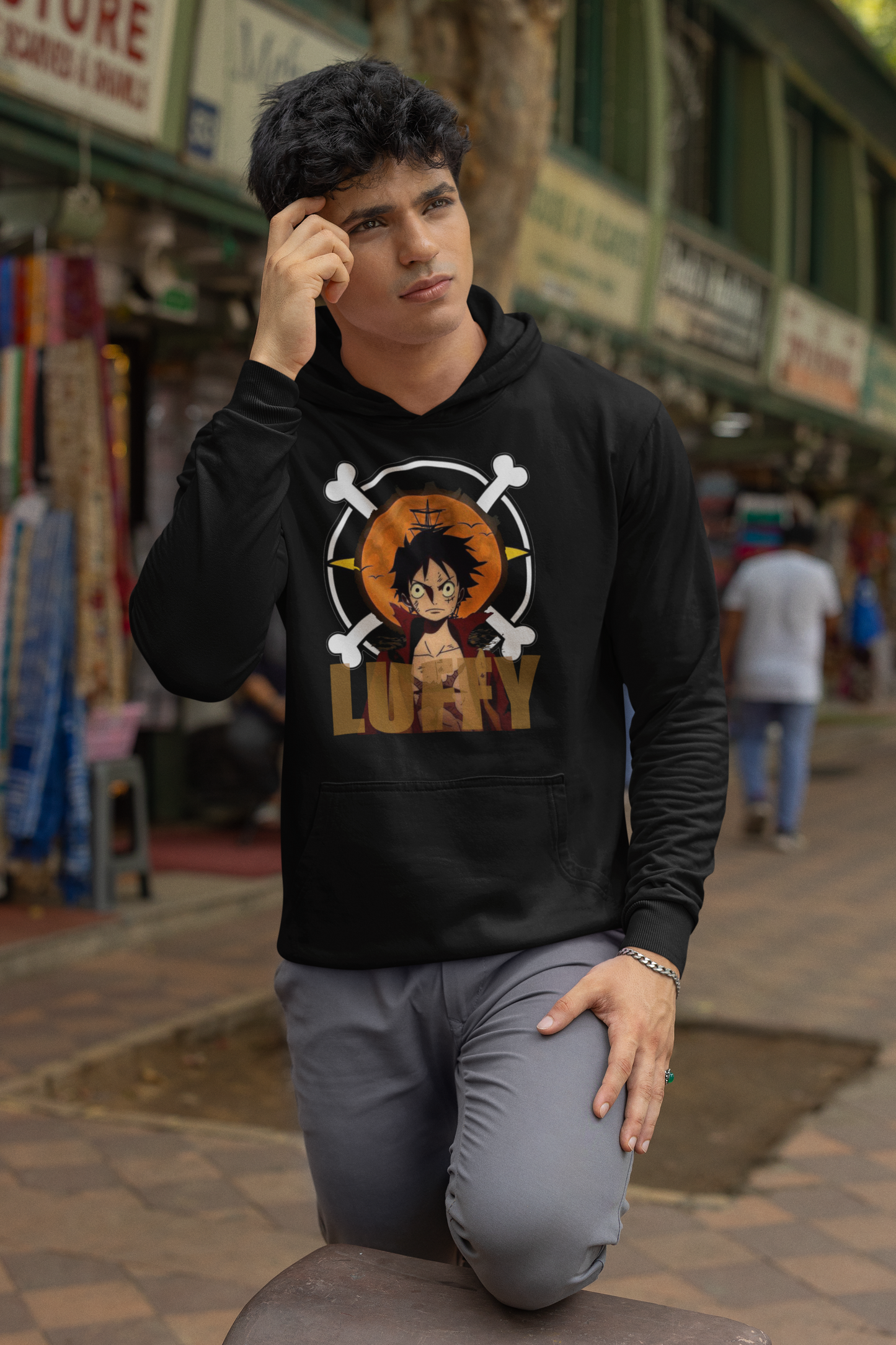 Black Hoodie with Bold "Luffy" Graphic Design